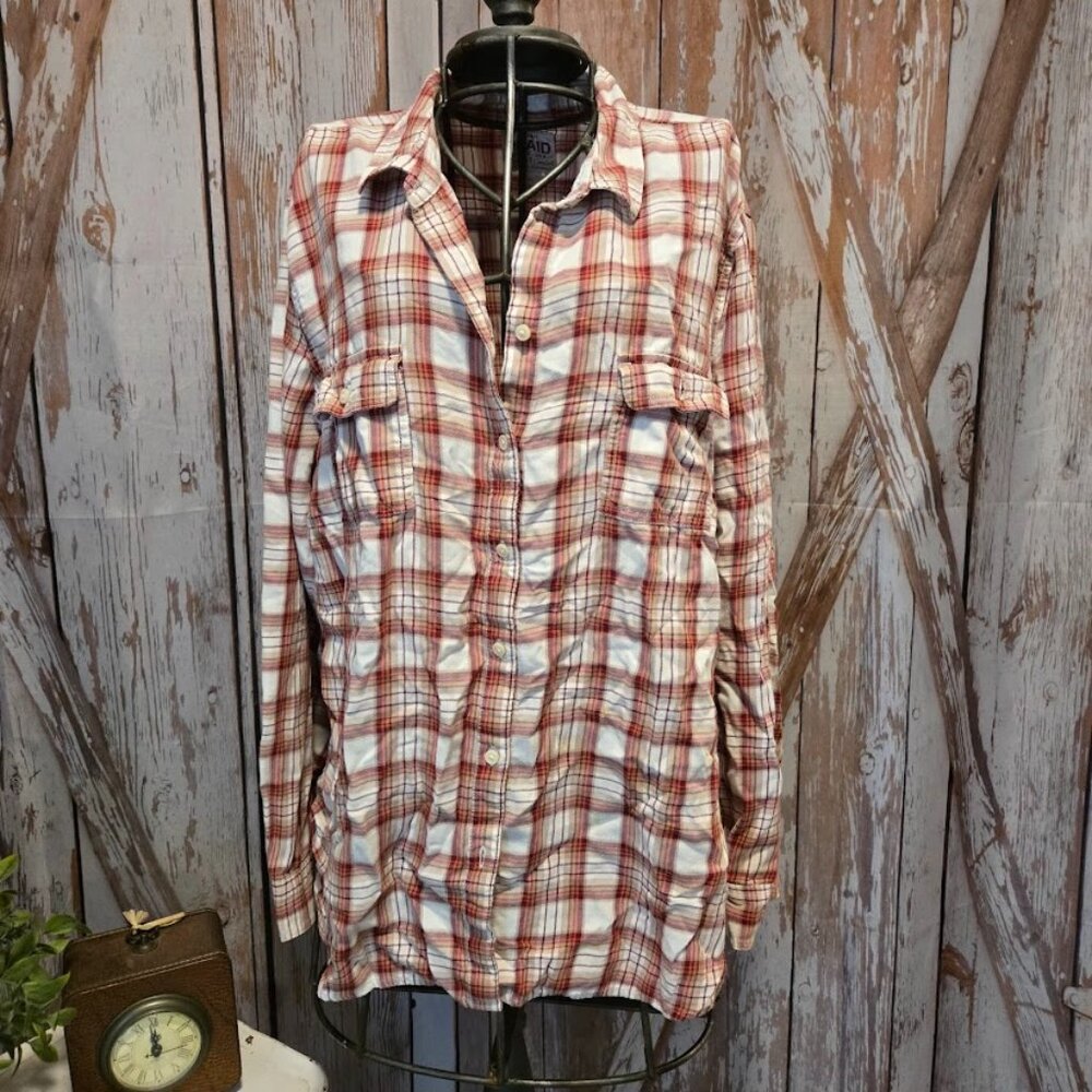 Western Inspired Red, White & Brown Plaid Button-Up Shirt